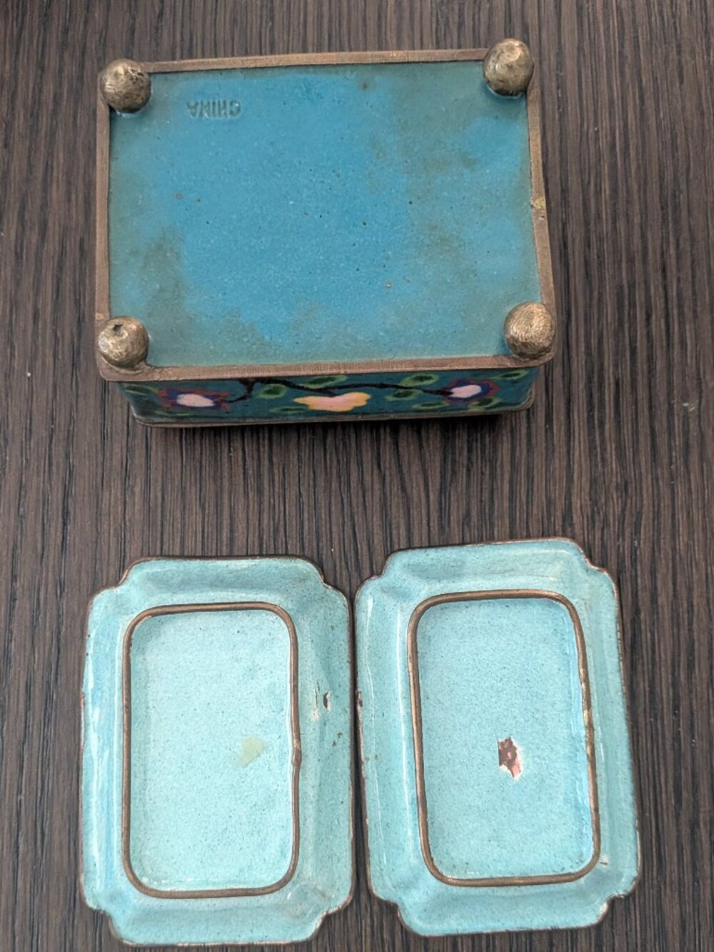 ANTIQ Chinese Canton Enamel Peony Trinket Box & Catchall Tray Set Boho Decor 3pc - Picture 2 of 16